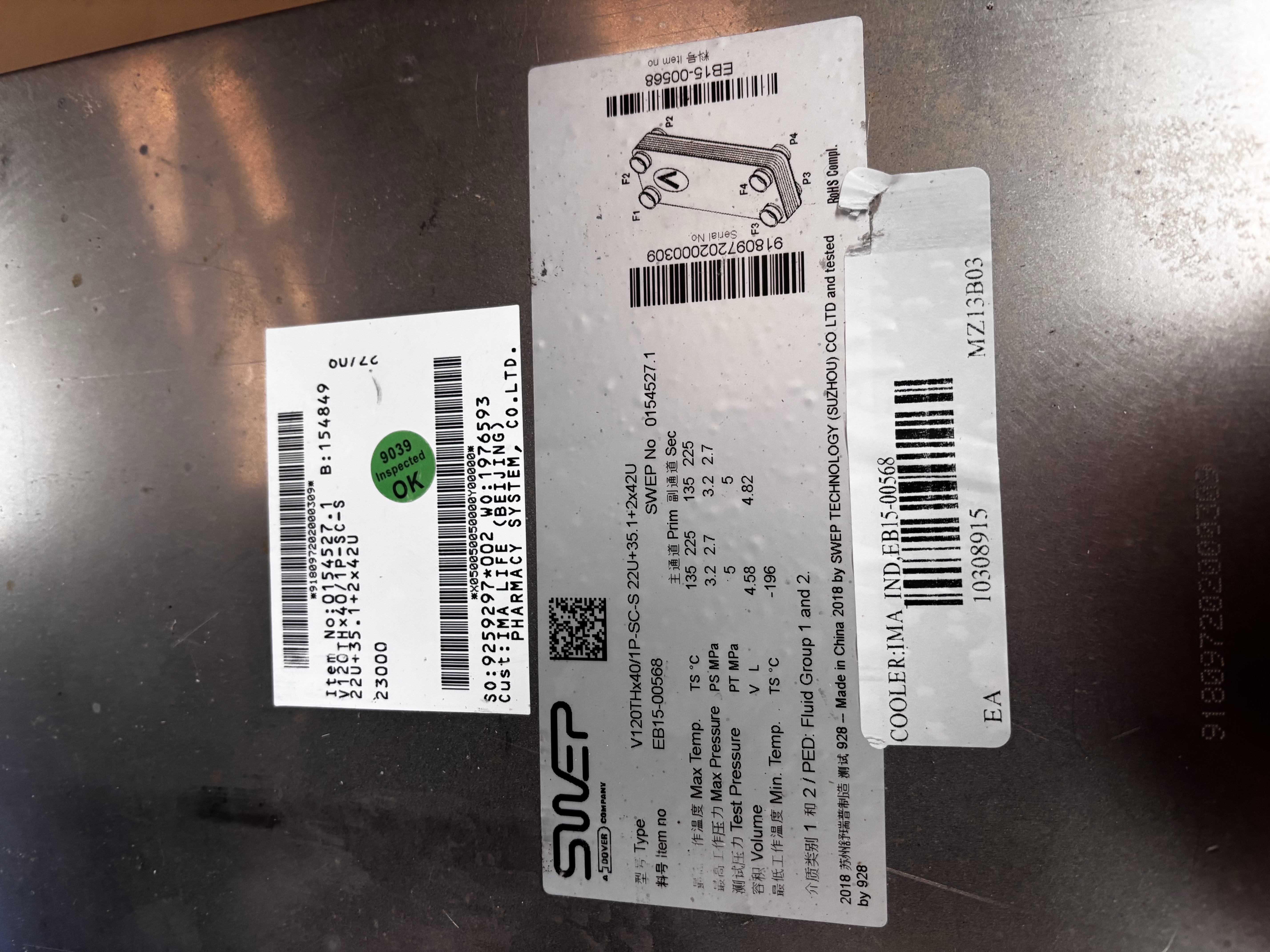 Used SWEP V120THx40/1P-SC-S 22U+35.1+2X42U Brazed Plate Heat Exchanger 0154527.1