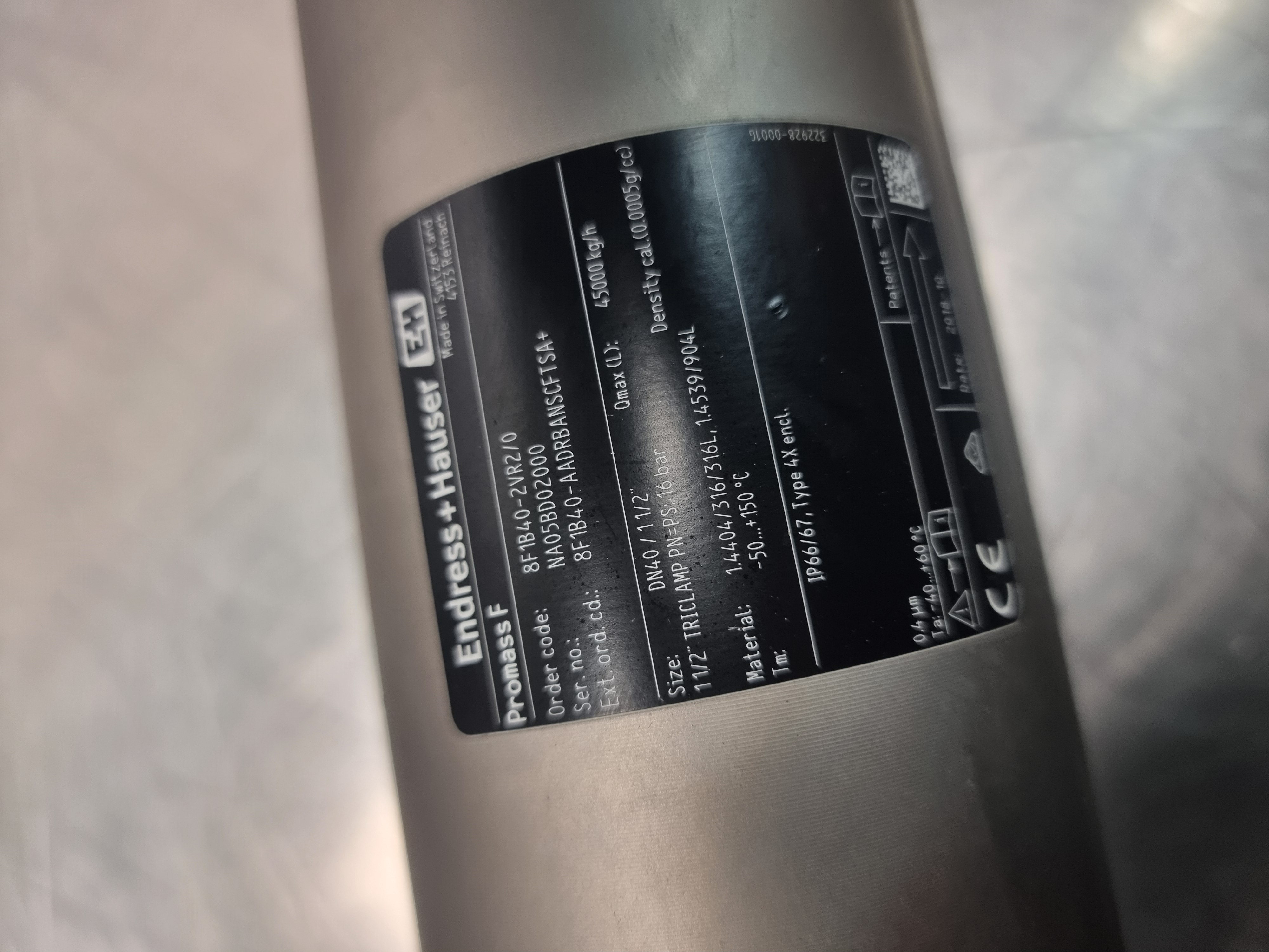 Used Endress Hauser Promass F Flow Meter & Transmitter | 8F1B40-2VR2/0 | DN 40 / 1.5"