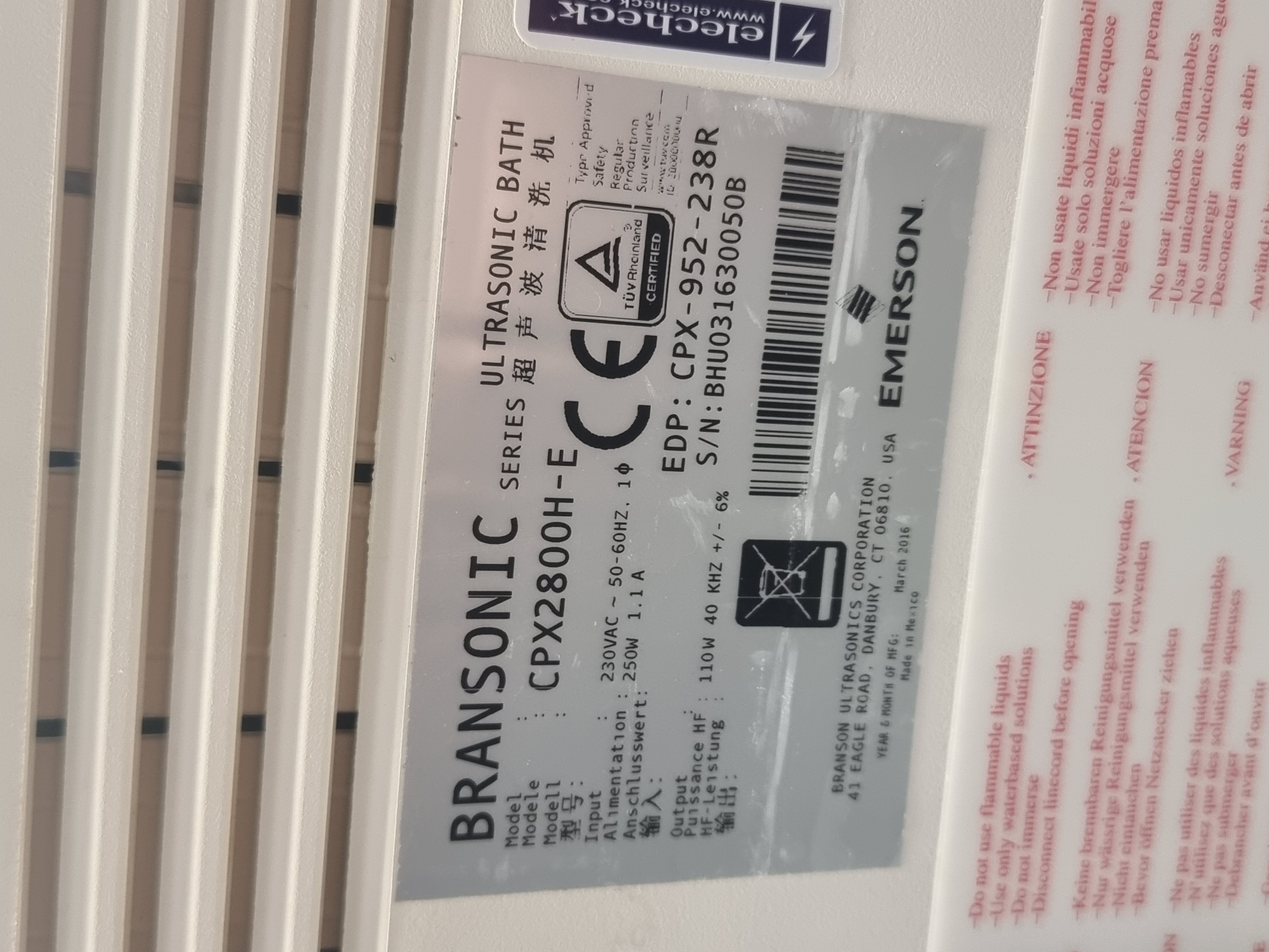 Used Bransonic 2800 Ultrasonic Water Bath | CPX-952-238R | 230VAC 50 - 60 Hz