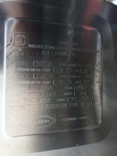 Used 3000 LITER WALKER REACTOR – T-316L S/S – 50/150 PSI (#9606)