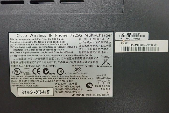Used Cisco 74-5475-01 B0 Wireless IP Phone 7925G Multi-Charger w/ Power Supply