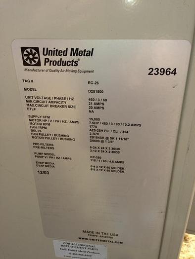 Unused Refrig, Evaporative Cooler, 7.5 HP, 15,000 CFM, United Metal #C738480