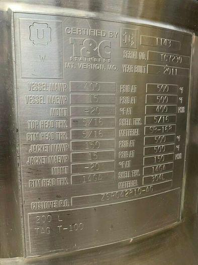 Used T&C 200 L Stainless Steel Jacketed Bioreactor High Pressure @ 400 PSI w/ Mixer