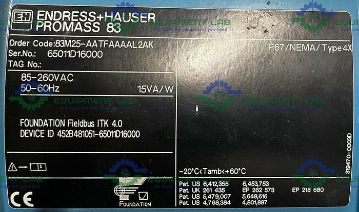 Used Endress Hauser Promass M 83 83M25-AATFAAAAL2AK 1" Triclamp Flowmeter