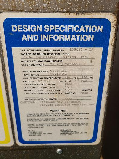 Used Despatch Industrial Oven Model V-31SD 850F Max Temp 480V Electric 32KW with chart recorder