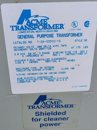Used Transformer, 9 KVA, 3-Phase, Acme #S744019