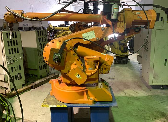 Used ABB IRB 4400L/10 2.53 METER REACH 6 AXIS CNC MIG WELDING ROBOT CELL WITH S4C PLUS CONTROLLER AND A/B SIDED INDEX TABLE