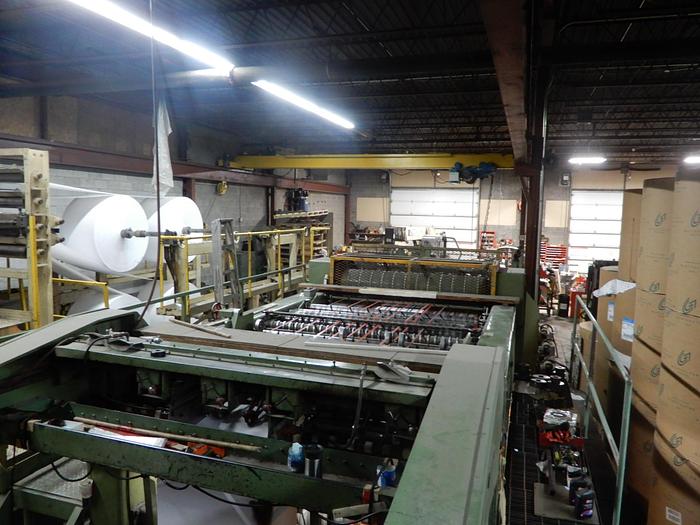 Used 74" (1.87M) LENOX SINGLE ROTARY KNIFE SHEETER 3 UNWIND STANDS AND STACKER