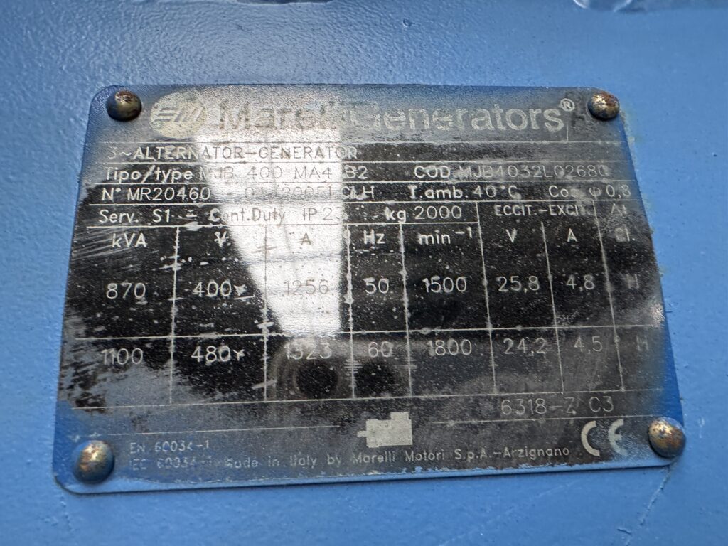 Used MTU 16V-2000 / MARELLI DIESEL GEN. SET 870 KVA