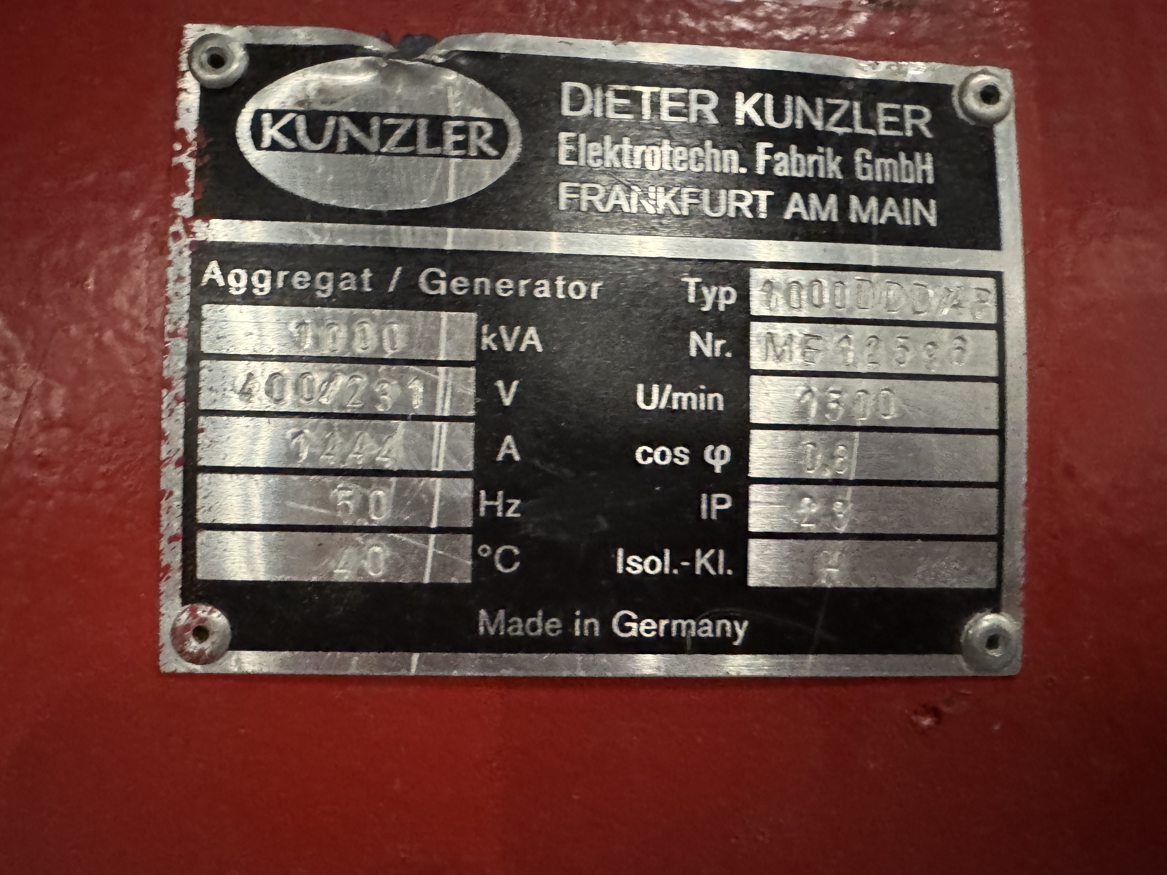 Used DEUTZ TBD 616-V16 / KUNZLER DIESEL GEN.SET 1000 KVA