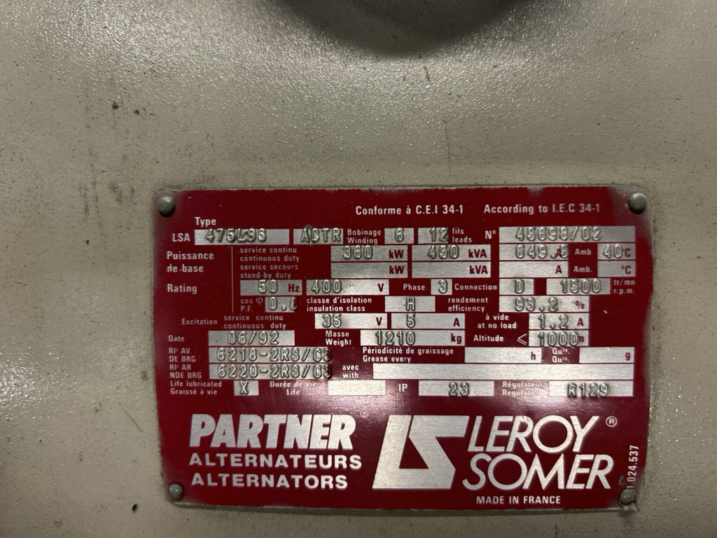 Used IVECO / LEROY SOMER DIESEL GEN.SET 450 KVA