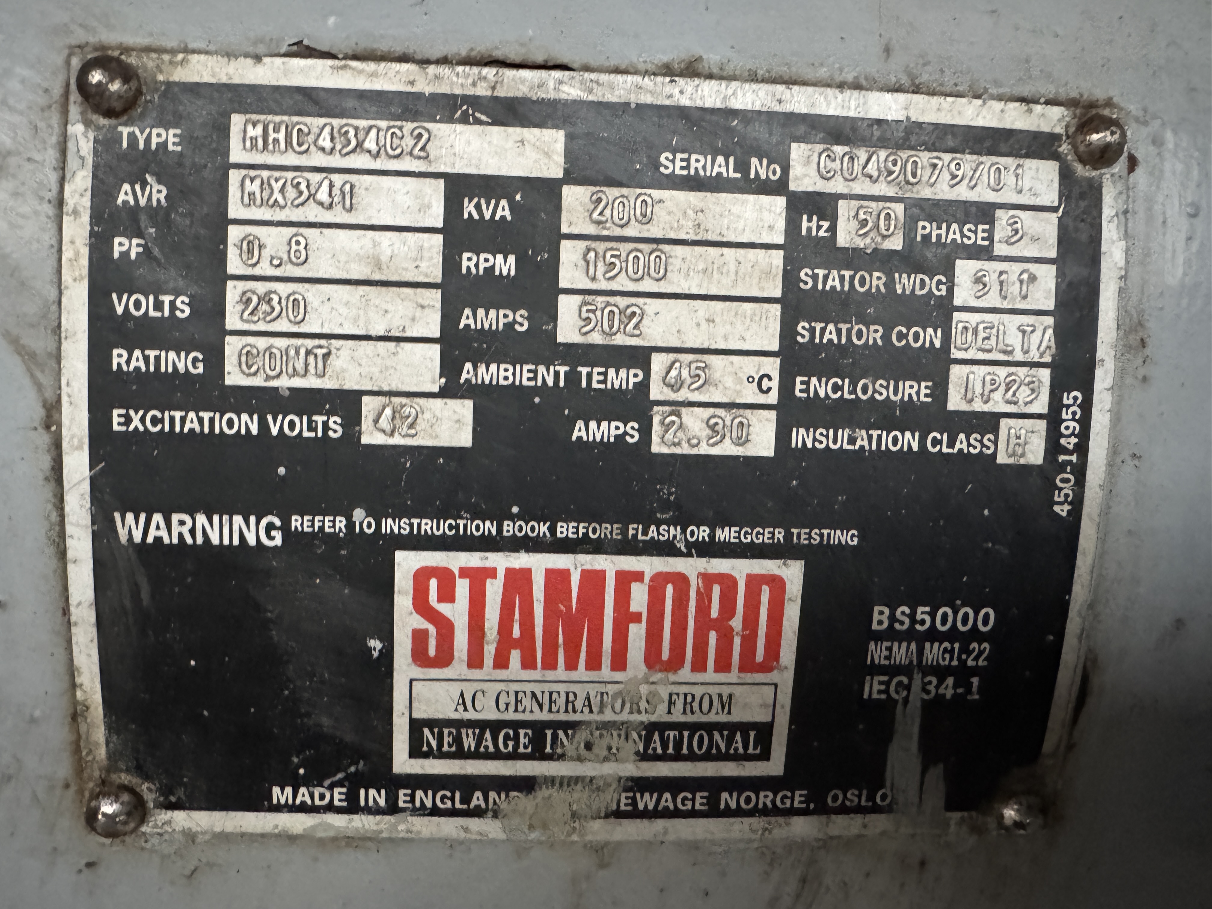 Used STAMFORD GENERATOR MHC434C2
