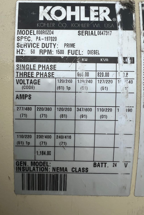 Used MTU 16V2000 / KOHLER DIESEL GEN.SET 820 KVA