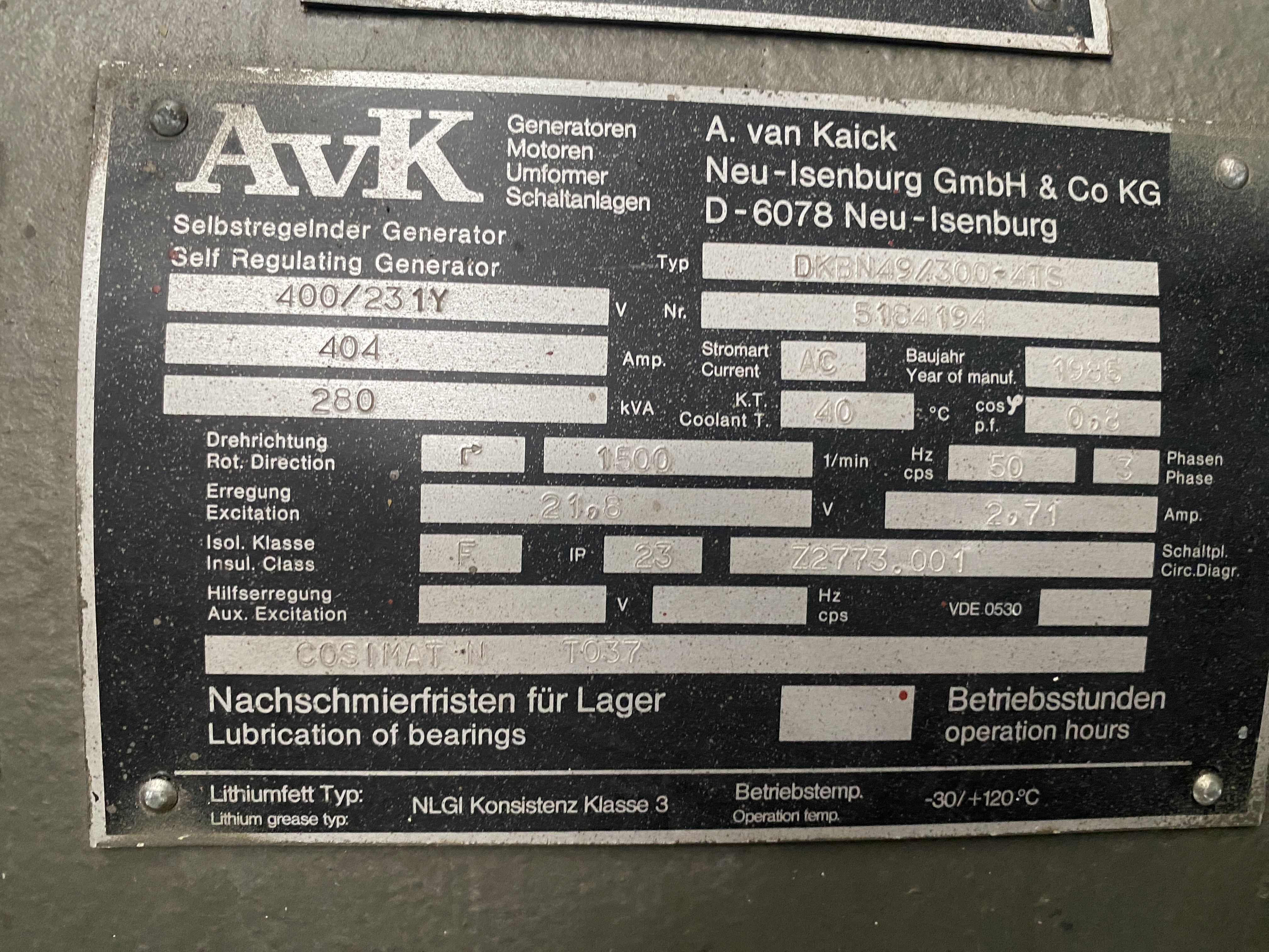 Used 1985 MWM TBD 234-V8 / A.VAN KAICK GEN.SET 280 KVA