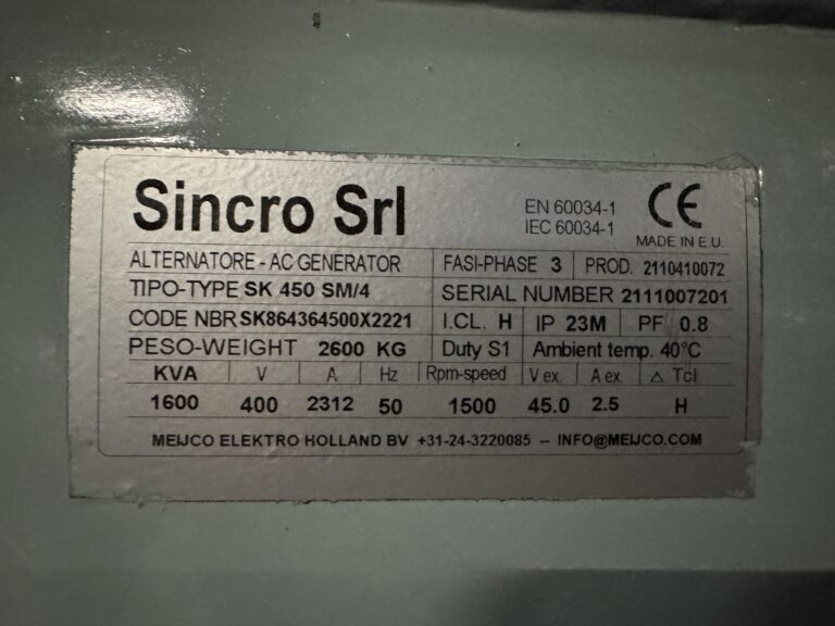 Used 2011 MITSUBISHI S16R-PTA / SINCRO DIESEL GEN. SET 1600 KVA