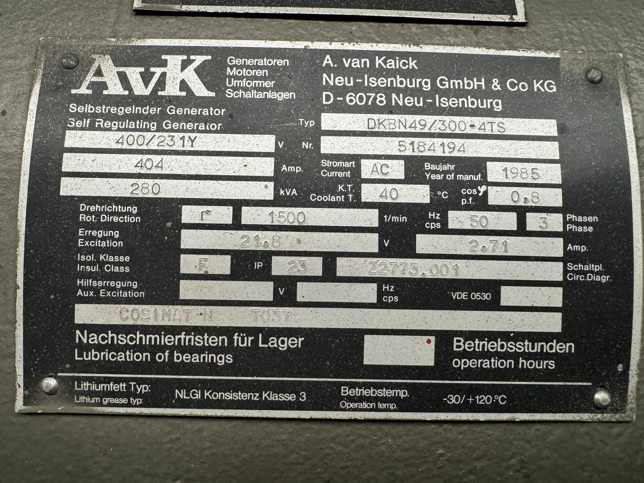 Used 1985 MWM TBD234-V08 / AVK GEN SET 280 KVA