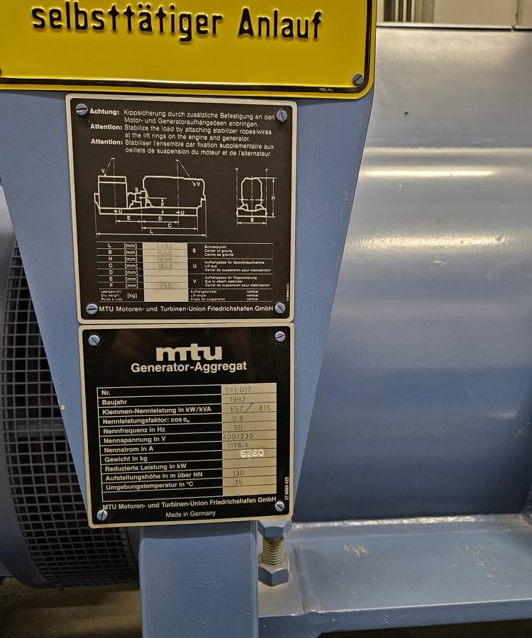 Used 1993 MTU 8V396TB34R / AEG DIESEL GEN.SET 815 KVA