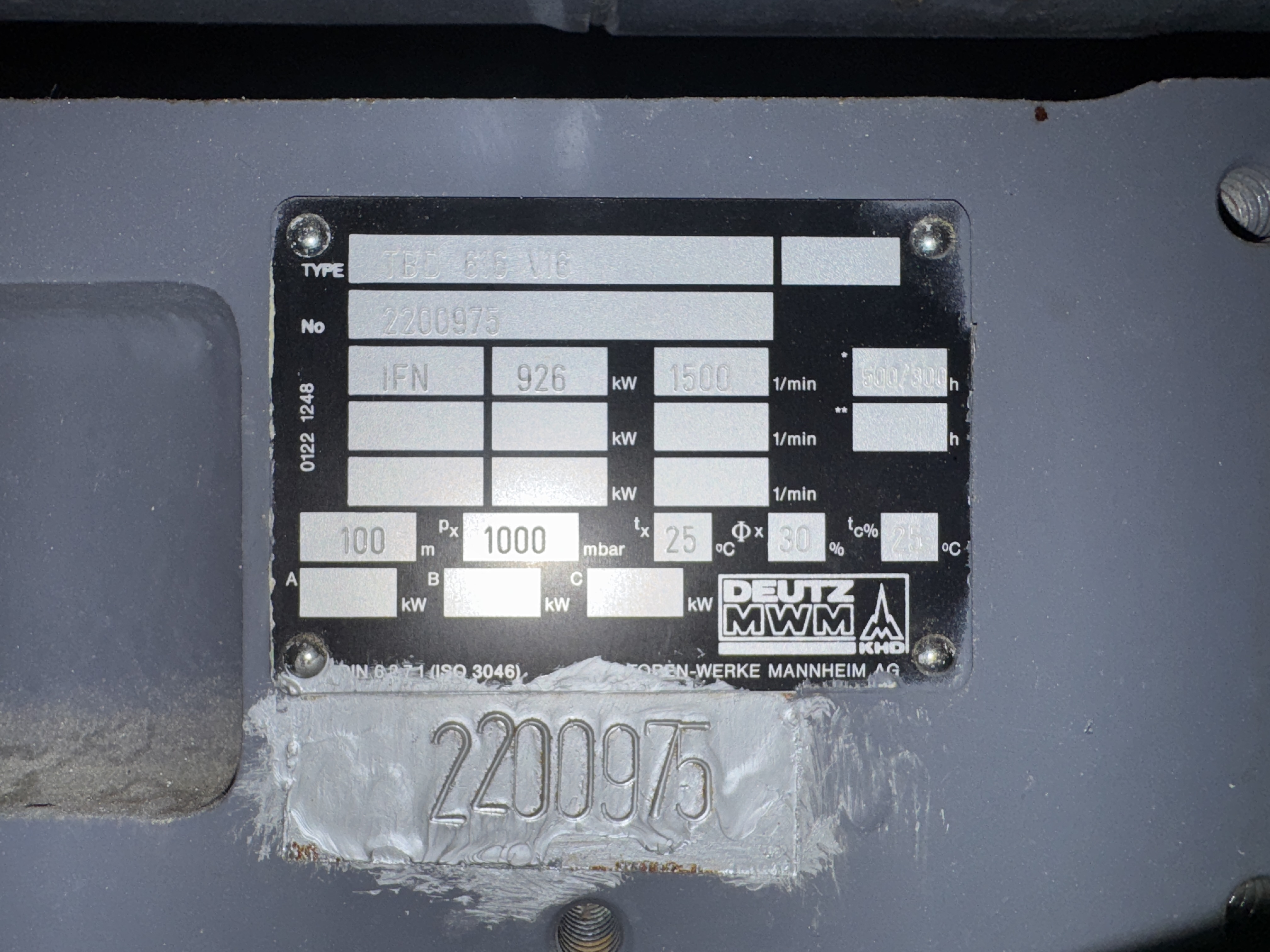 Used DEUTZ TBD 616-V16 / KUNZLER DIESEL GEN.SET 1000 KVA