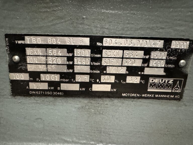 Used 1991 MWM TBD 604-BL6 / RELIANCE DIESEL GEN.SET 630 KVA