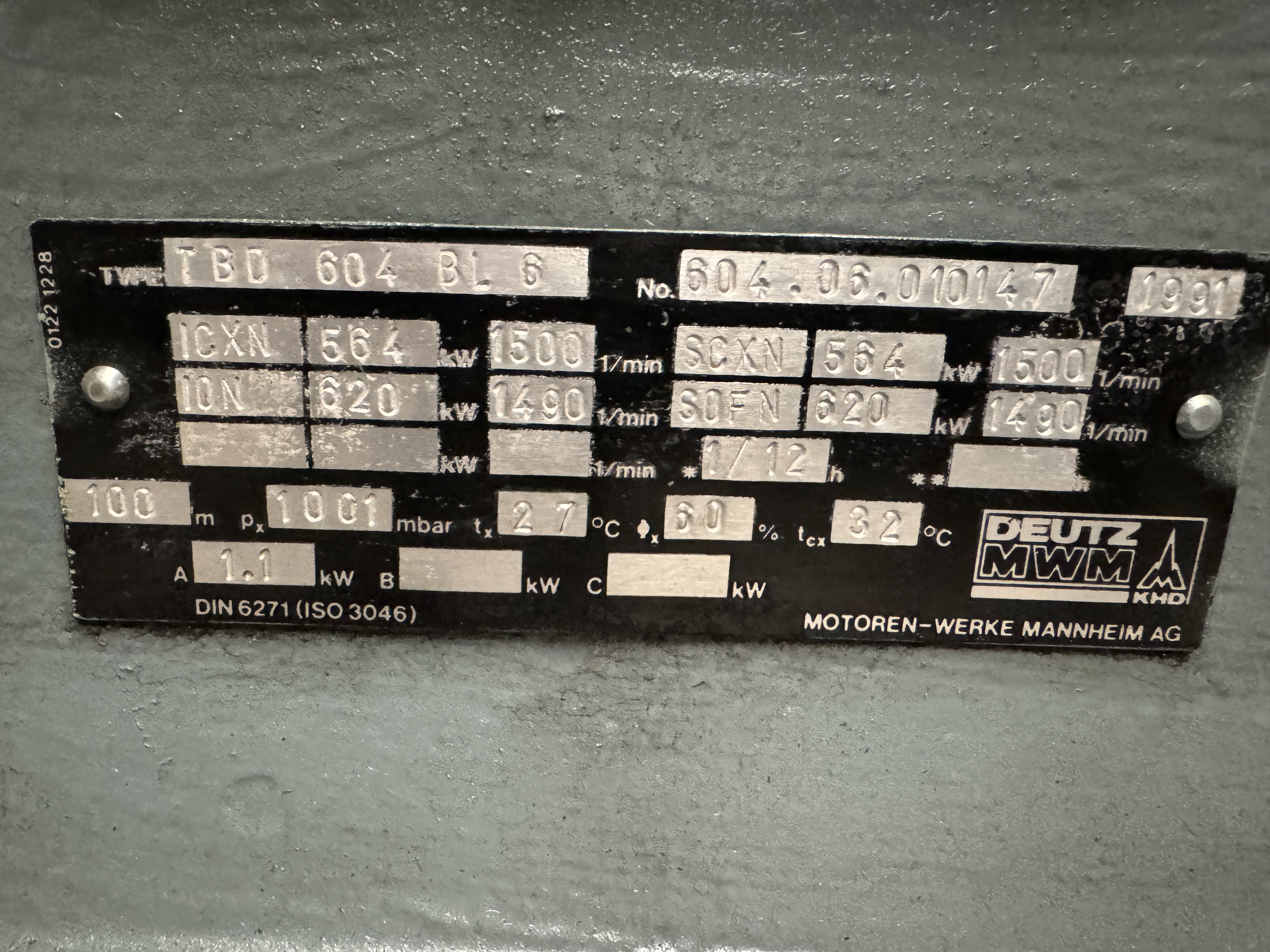 Used 1991 MWM TBD 604-BL6 / RELIANCE DIESEL GEN.SET 630 KVA