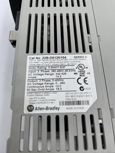 Used Allen-Bradley 22B-D012N104 Ser A 7.5 Hp 3 Ph