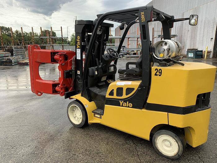 Used 12,000 POUND GLC120VXPRS YALE MODEL W/ 72" BOLZONI ROLL CLAMP MFG. 2013 1,800 HOURS
