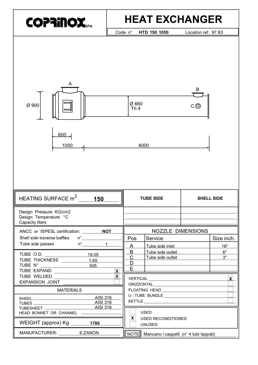 Usato Scambiatore di calore E.ZANON da 150 metri quadrati