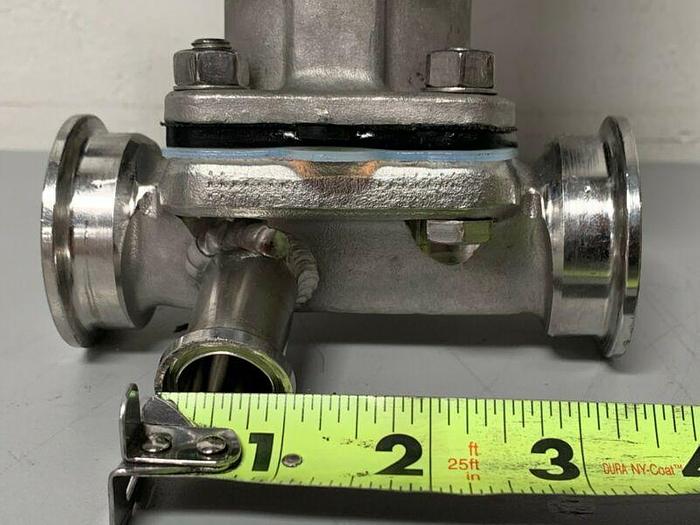 Used ITT Pure-Flo A209 Stainless Steel 3-Way Diaphragm Valve w/ 1" & 2" Sanitary Fits