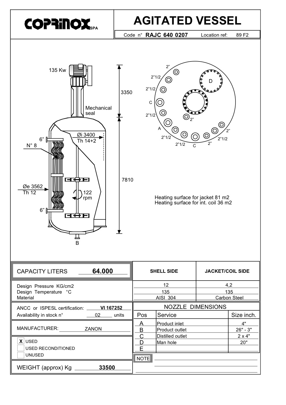 Usato Reattore ZANON da 64000 Litri