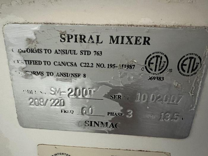 Used Mixer, Dough, Spiral, Sinmag, Model SM200T, Stainless Steel #S744799