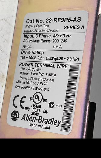 Used Allen-Bradley 22A-B4P5N104 Ser A 22-RF9P5-AS