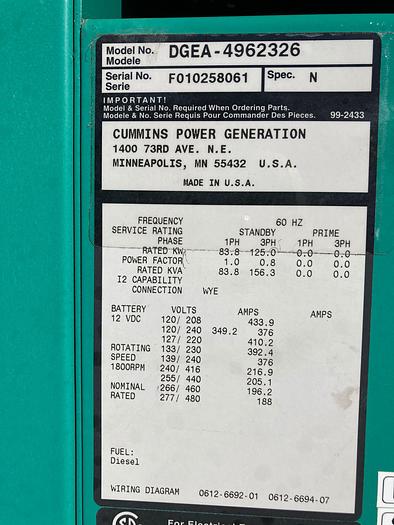 Used 2001 Cummins 125Kw Generator Model DGEA-4962326