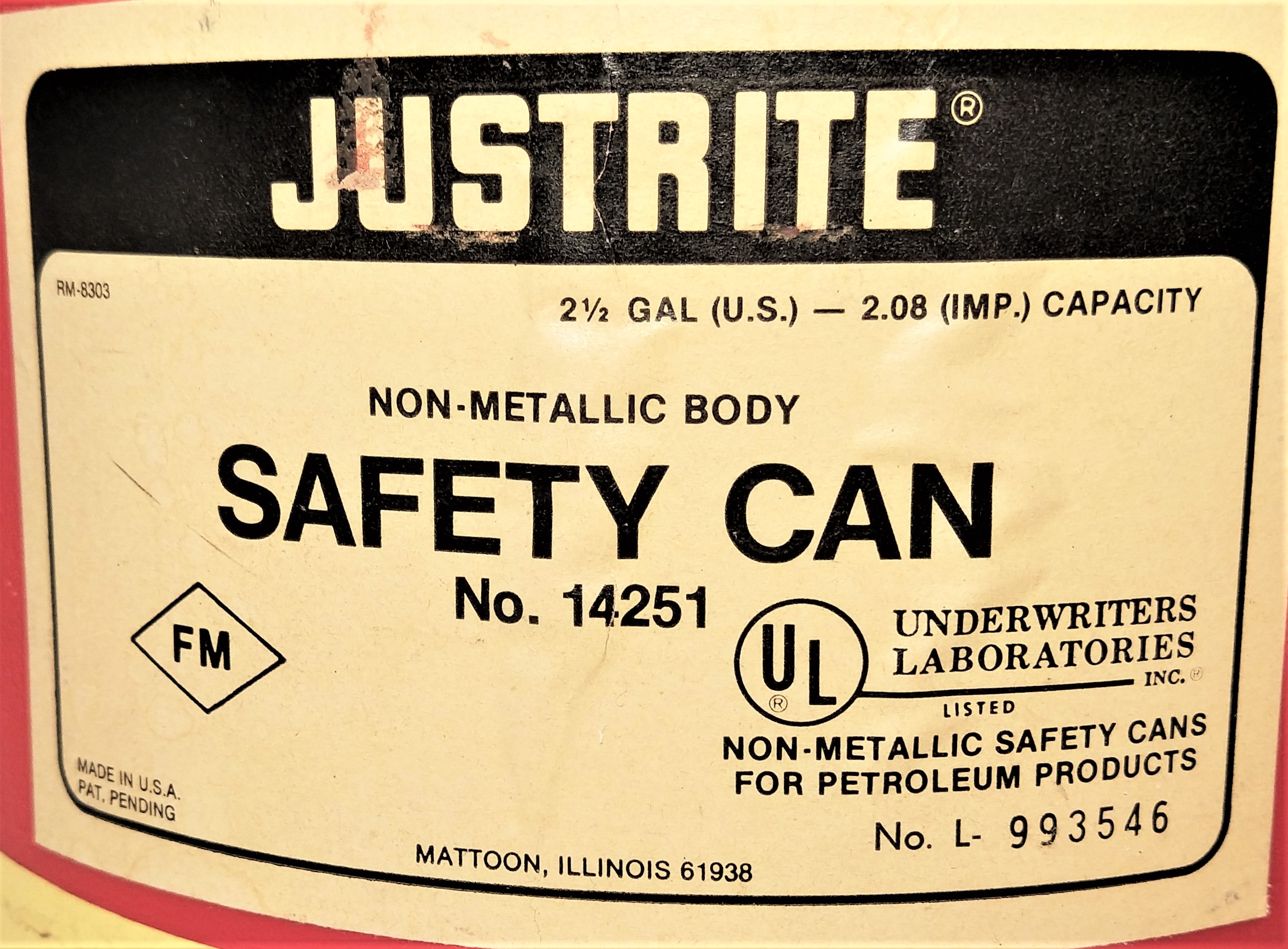 Used Justrite 14251 Non-Metallic Safety Can for Petroleum Products - 9.4 L (2.5 Gallon)