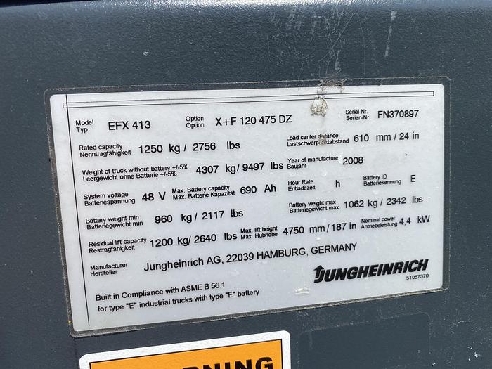 Used Jungheinrich  EFX 413 Electric Forklift Front Seat/tri-Lateral Stacker w/ Charger