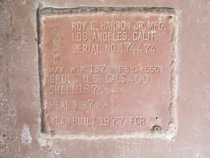 Used Tank, 400 gallon, C/st, Roy Hanson, Air Rec, 36" x 7'Tank, 400 gallon, C/st, Roy Hanson, Air Rec, 36" x 7' #S739961