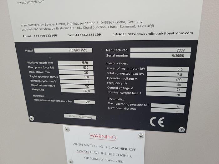 Used BYSTRONIC PR6. 2550mm x 60 ton CNC press brake