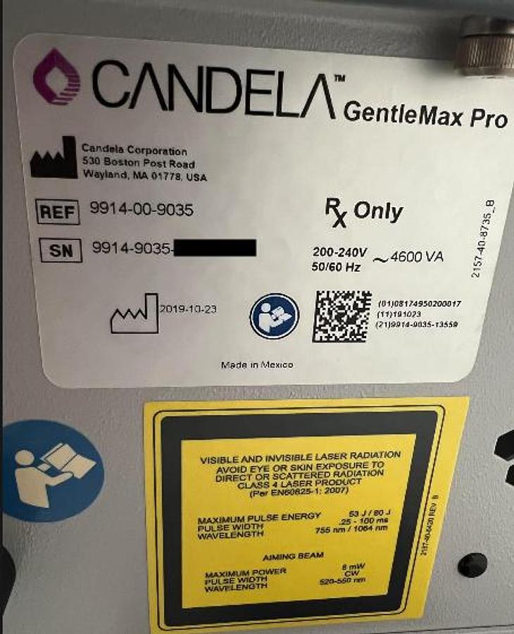 Used 2019 Candela Gentlemax Pro- Standard and Vascular Delivery Systems