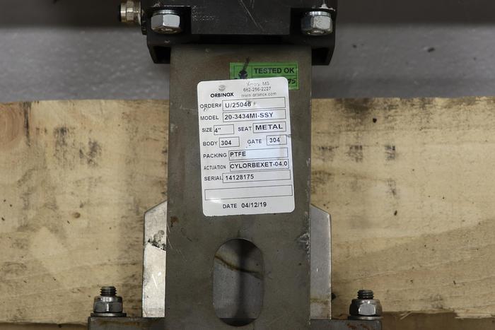 Unused Orbinox 4" Air Operated Knife Gate Valve #44251