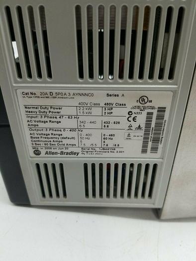 Used Allen Bradley 20AD5P0A3AYNNNC0 Ser A 3HP 480V