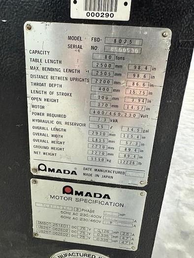 Used 88 Ton 1991 AMADA FBD-8025 E 3-Axis Press Brake