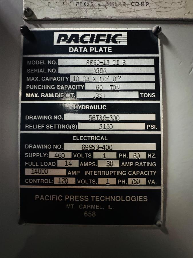 Used 12' Pacific FF90-12 II S Hydraulic Press Brake