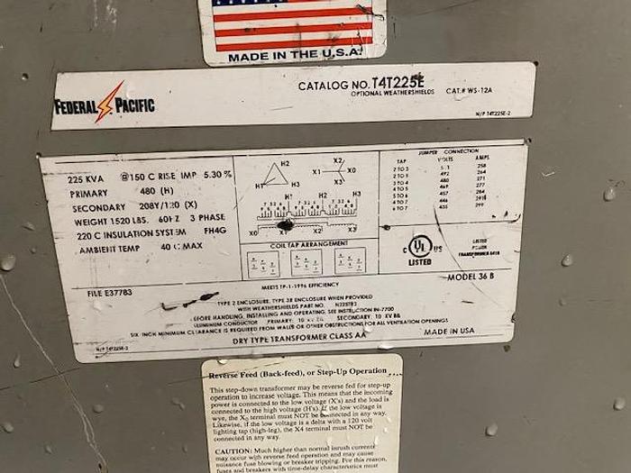 Used Used Transformer Federal Pacific 480 Delta 208Y/120 volt 3 phase