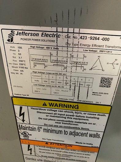 Transformer 150 KVA 3 Phase 480 Delta 208/120 Wye