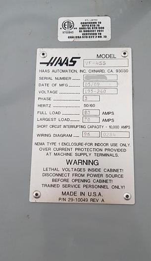 Used 2009 HAAS VF-4SS 4-Axis CNC Vertical Machining Center
