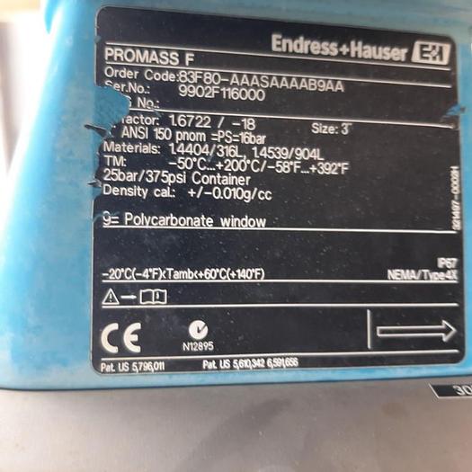 Used Meter, Flow, Endress Hauser, Promass F 3", 316L S/st, #S743327