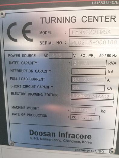 Used 2013 Doosan Lynx 220LMSA Turning Center