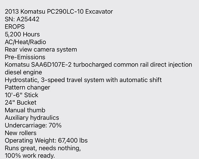 Used 2013 Komatsu PC290LC-10