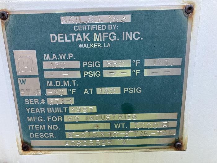Used Used Deltak Mfg. Inc.  Approximately 1500 gallon carbon steel vertical adsorber
