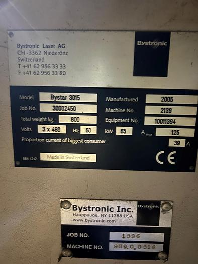 Used 2005 Bystronic Bystar 3015 5.2KW CO2 LASER WITH BEVELING HEAD