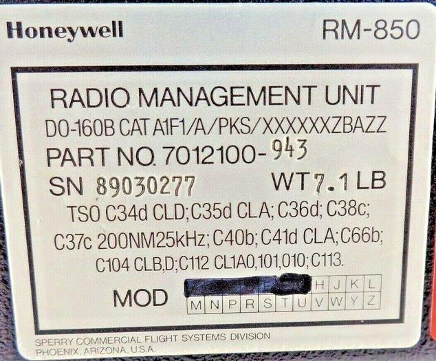 Used Honeywell / Sperry RM-850, 7012100-943 Aviation Radio Management Unit